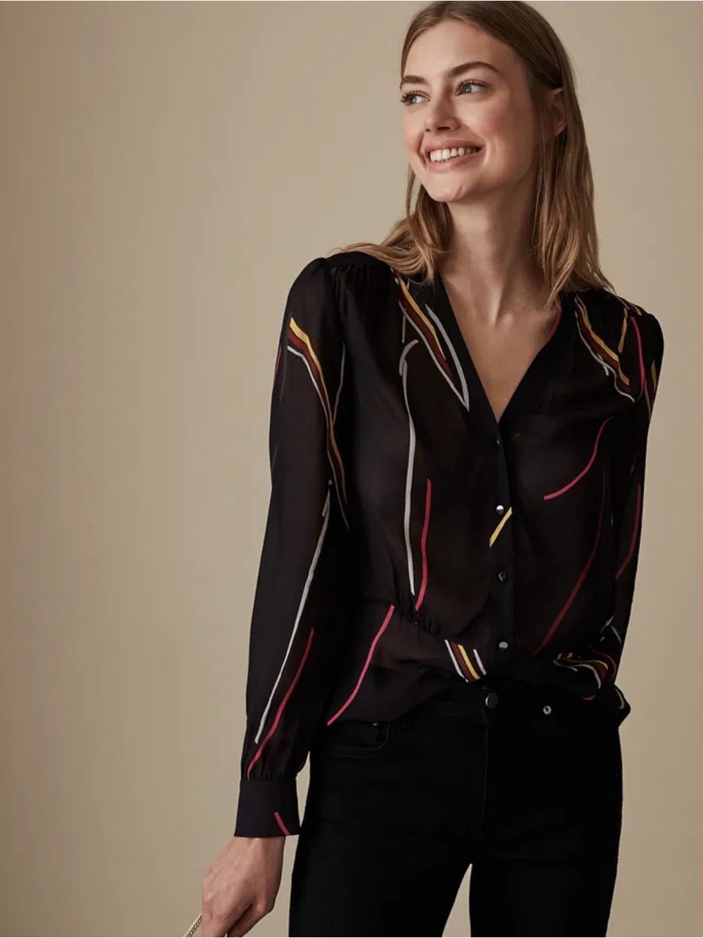 Reiss Black Sheer Abstract-Print V-Neck Blouse